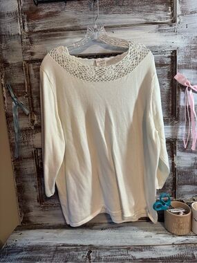 Allison Daley Cream Crochet-Trim Long Sleeve Top